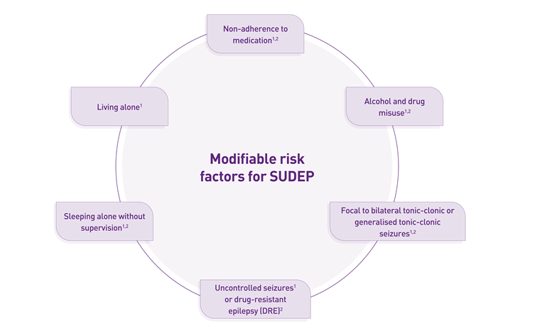 "Modifiable risk factors for SUDEP" (Sudden Unexpected Death in Epilepsy). Surrounding the central title are seven risk factors in light purple boxes: Non-adherence to medication, Alcohol and drug misuse, Focal to bilateral tonic-clonic or generalised tonic-clonic seizures, Uncontrolled seizures¹ or drug-resistant epilepsy (DRE), Sleeping alone without supervision, Living alone.