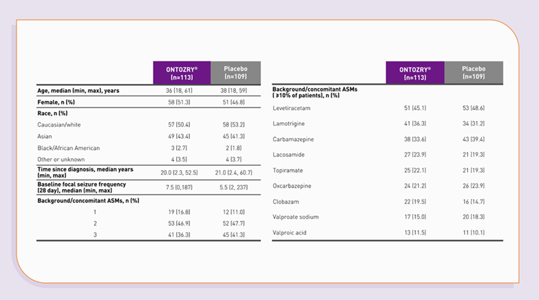Table displaying C013 baseline demographics and epilepsy-related characteristics grouped according to the two treatment groups: SoC + Placebo and SoC + ONTOZRY® 200 mg.